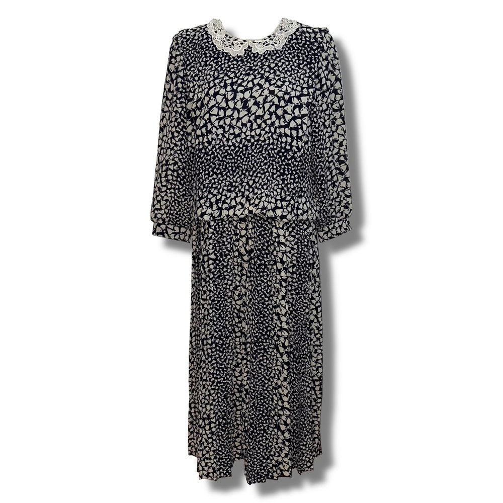 Vintage Bow Print Lace Collar Dress